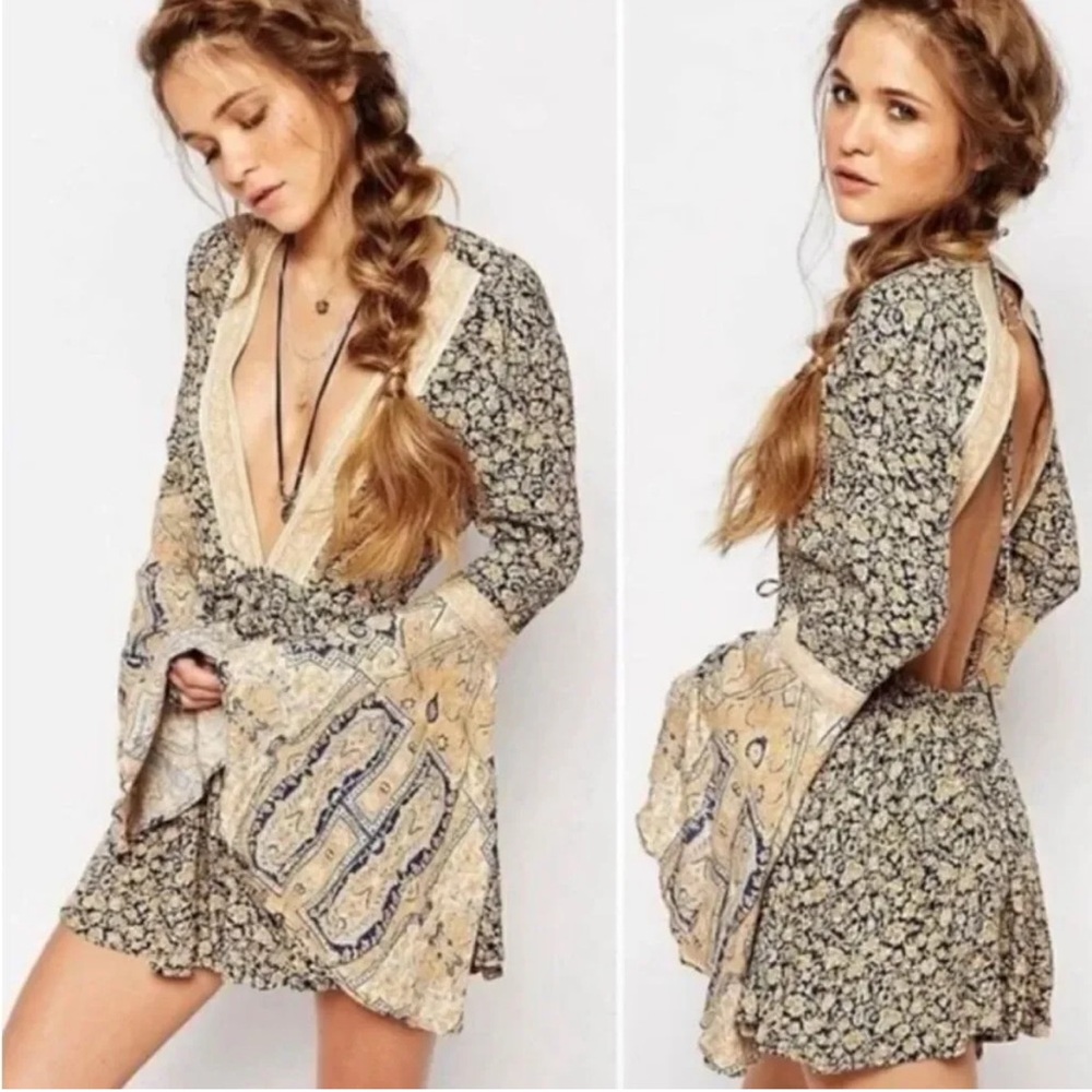 Free People Once Upon A Summertime Romper Floral Bohemian Blue Golden Large